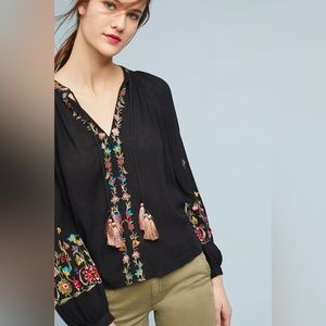 Anthropologie Maeve Lanie Peasant Top In Black Embroidered Size Small Petite